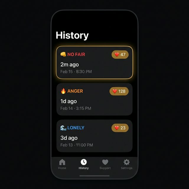 No Fair app — History screen with support counters